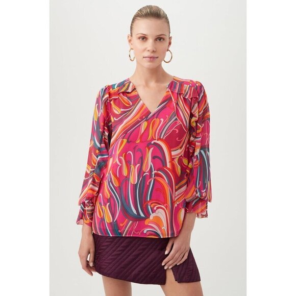 💕TRINA TURK💕 Broome Top Radio City Rose Retro Abstract Floral Print Small NWOT - Picture 2 of 11